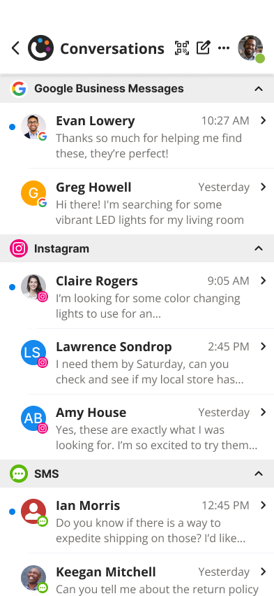 Conversations grouped by channel