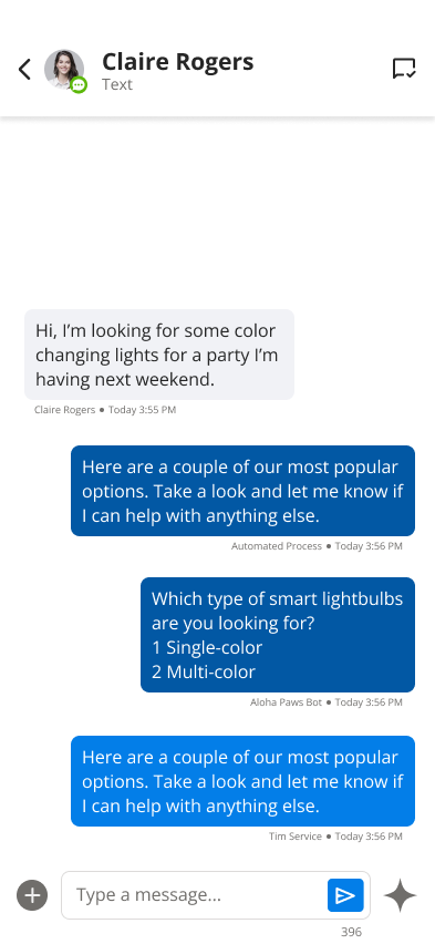 Conversation showing bot and agent replies