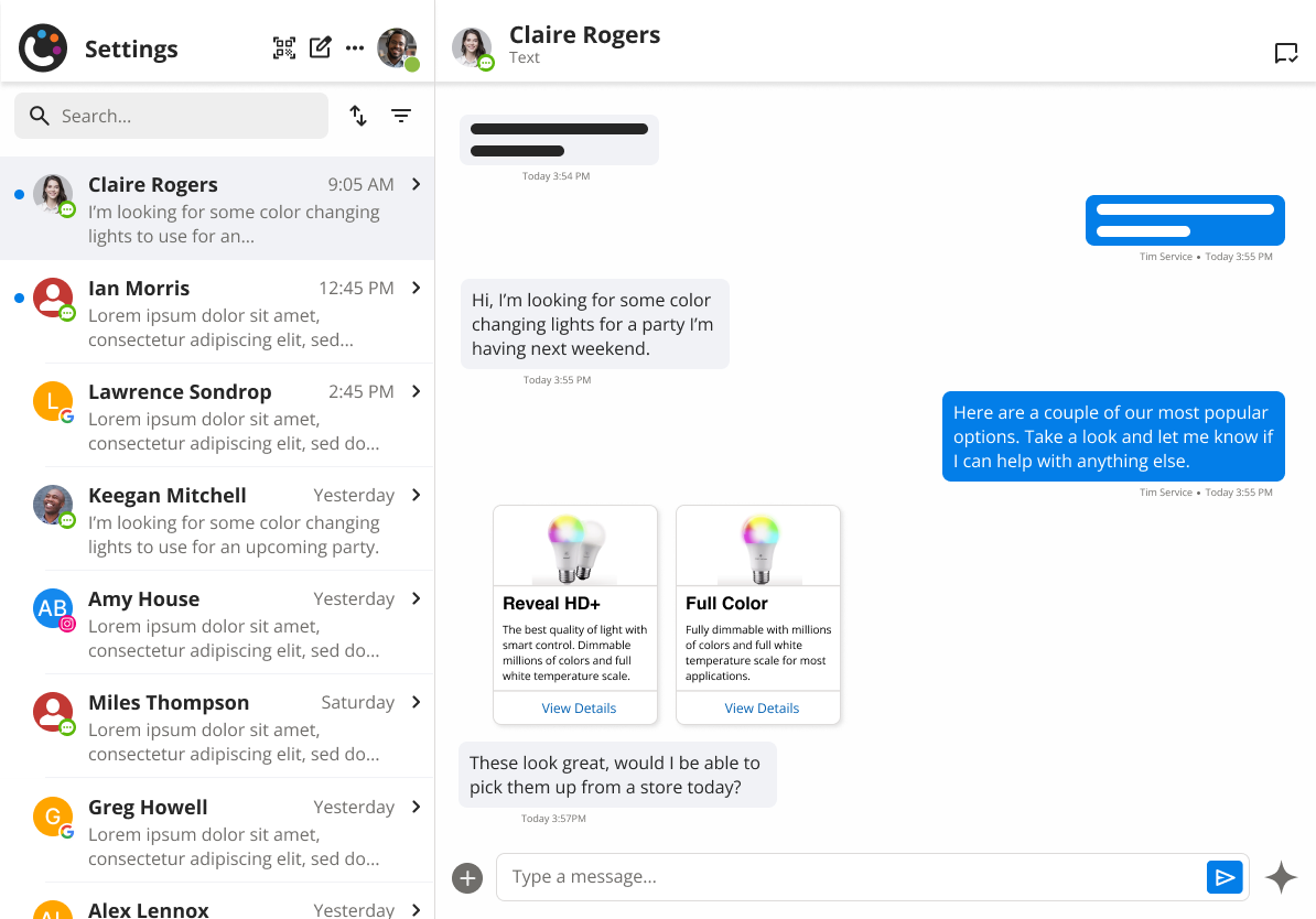 Tablet layout with inbox and conversation side by side