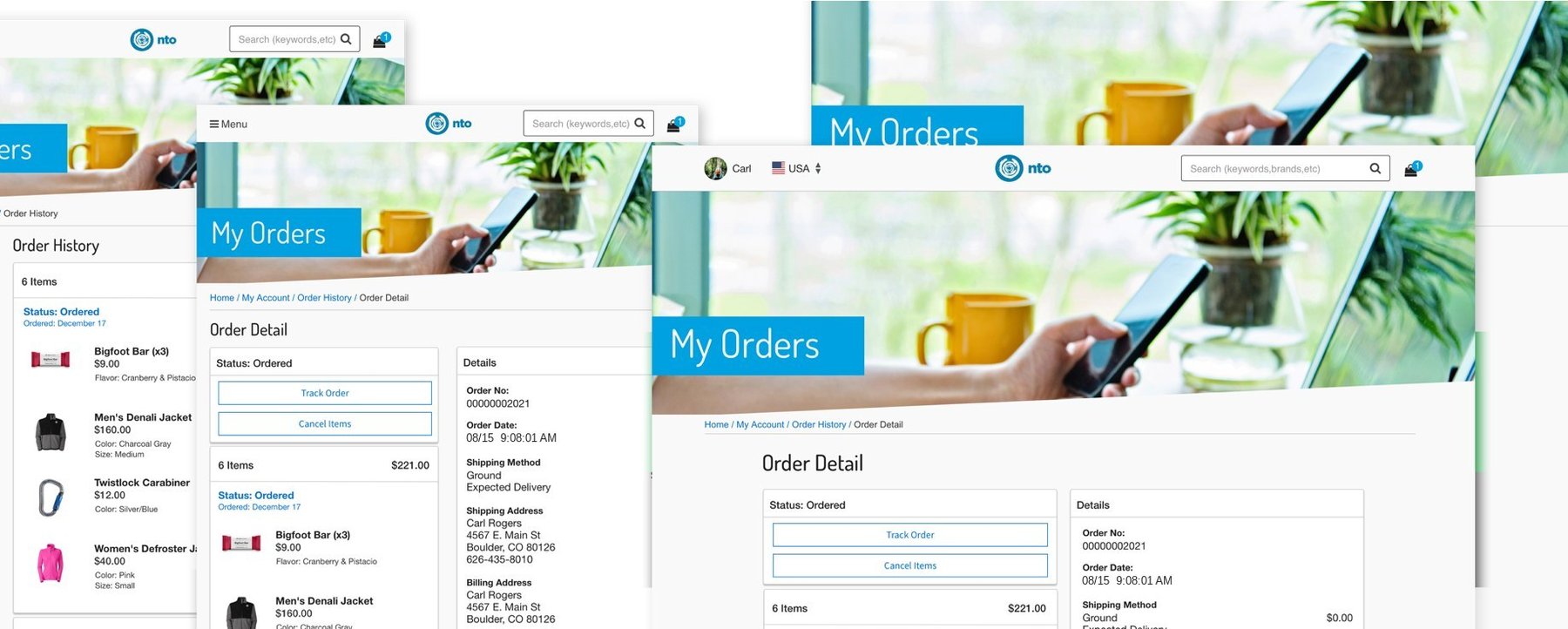 Order history and order detail screens at tablet and desktop sizes