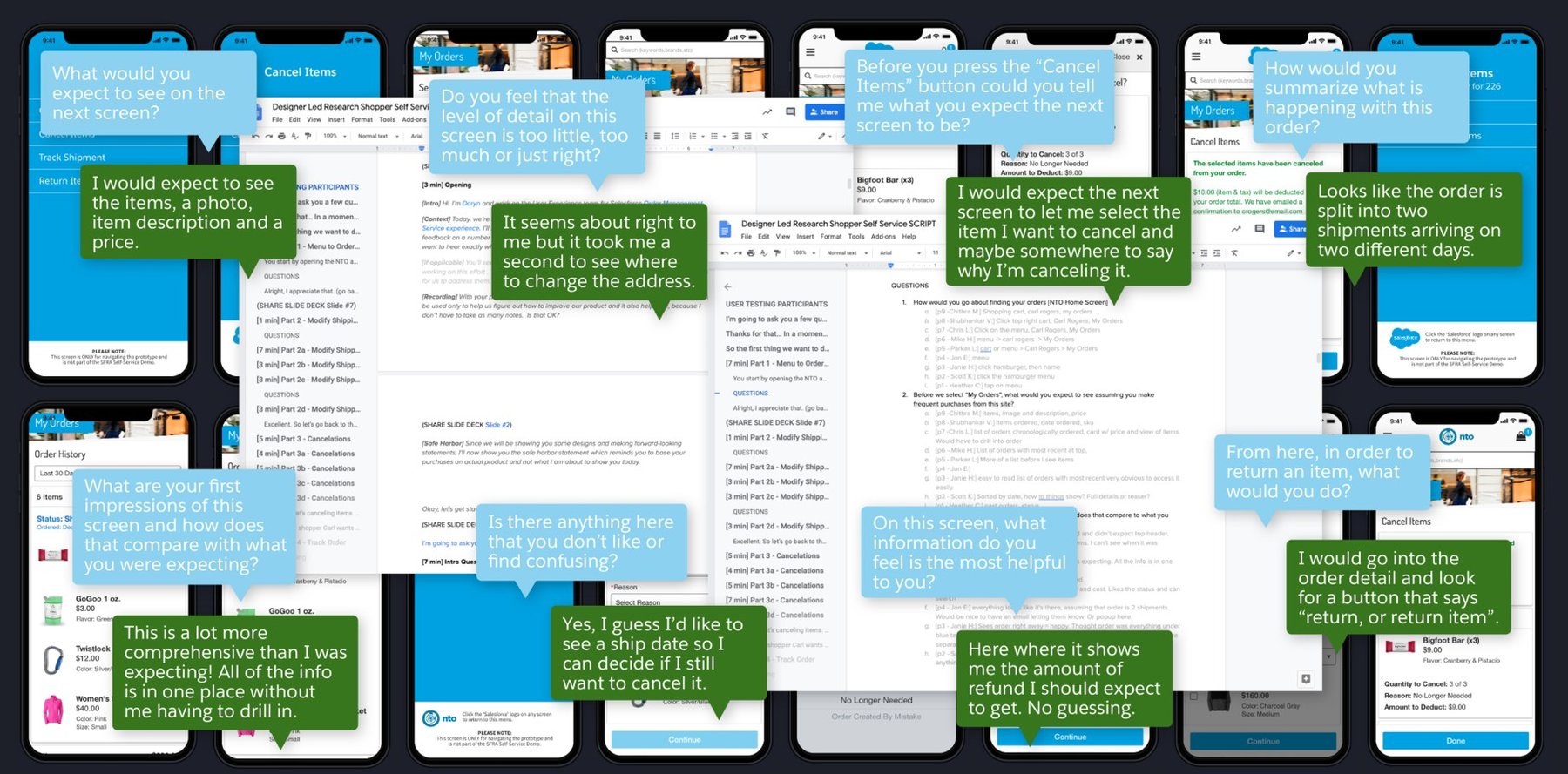 Prototype screens with tester questions and quotes