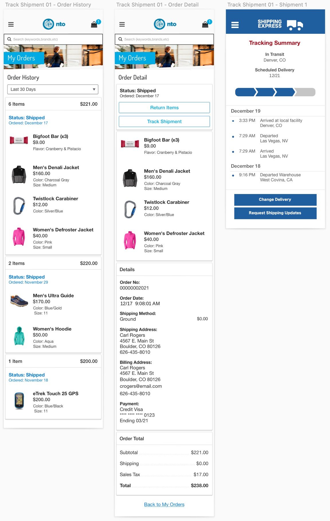 Track shipment flow from order history to tracking summary